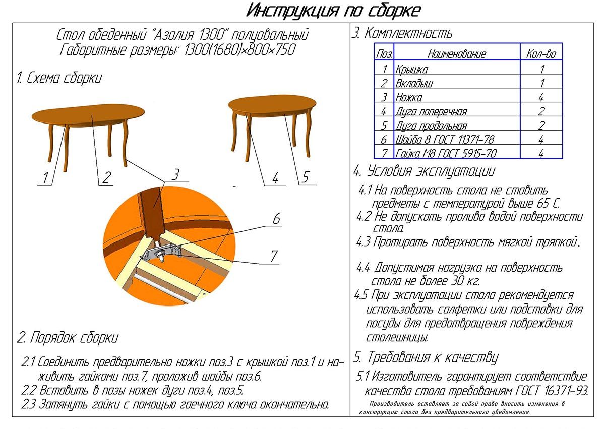 Схема сборки стол обеденный Олимп