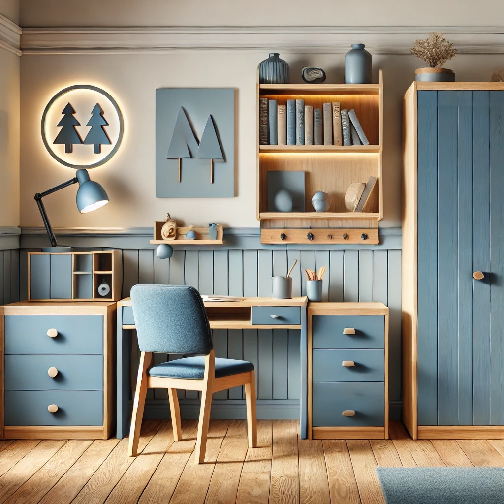 DALL·E 2025-02-08 21.15.57 - A modern teenager's bedroom with solid wood furniture painted in blue. The room features a sleek blue wooden study desk, a matching blue bookshelf, an.jpeg