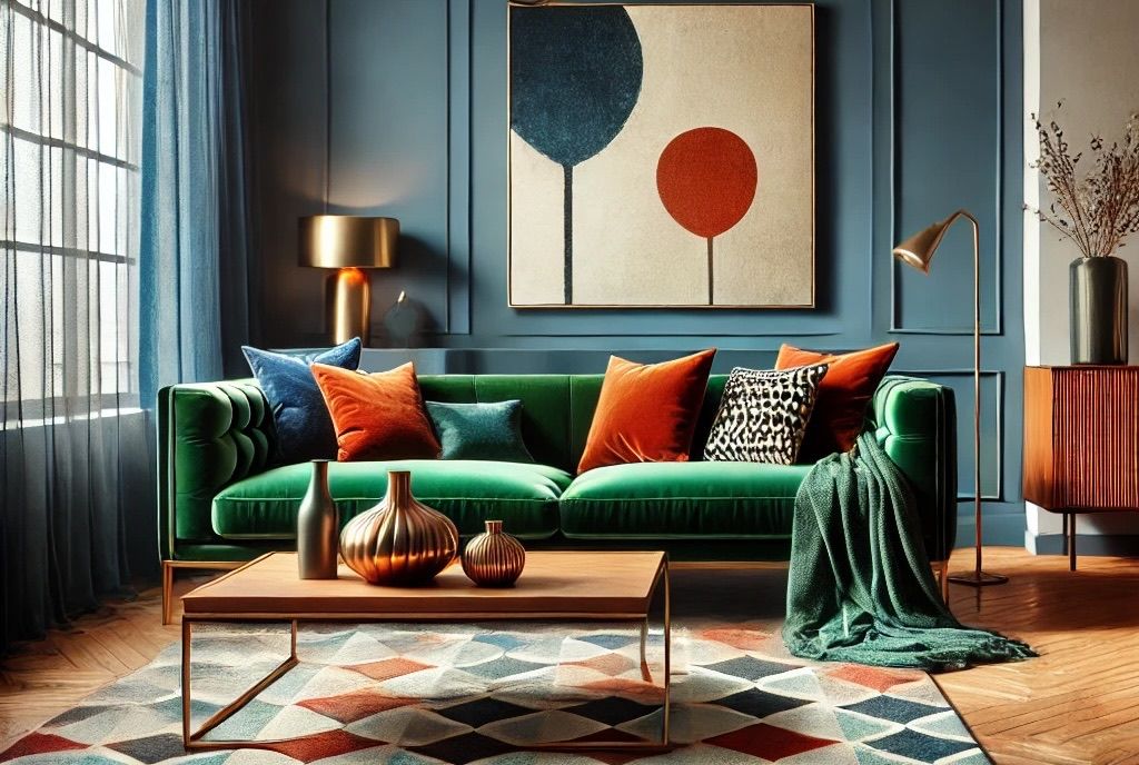 Копия DALL·E 2025-02-28 20.06.56 - A stylish and vibrant modern interior with a balanced use of bold colors. The room features a deep blue accent wall, an emerald green velvet sofa, and.jpeg